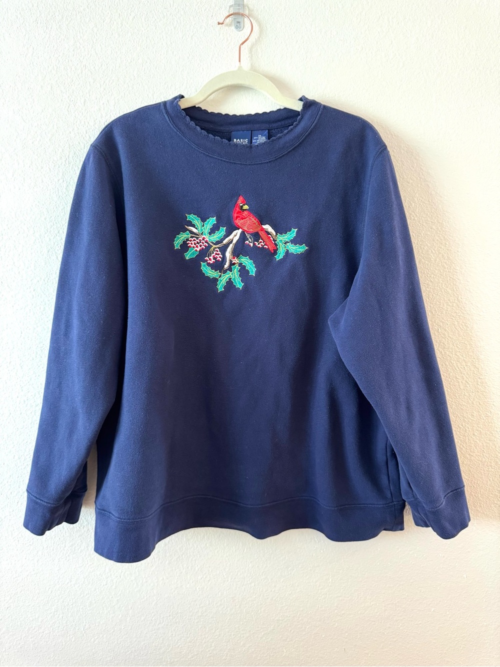 VTG 90s Basic Editions Embroidered Cardinal Crewneck Sweatshirt Navy Plus 2X